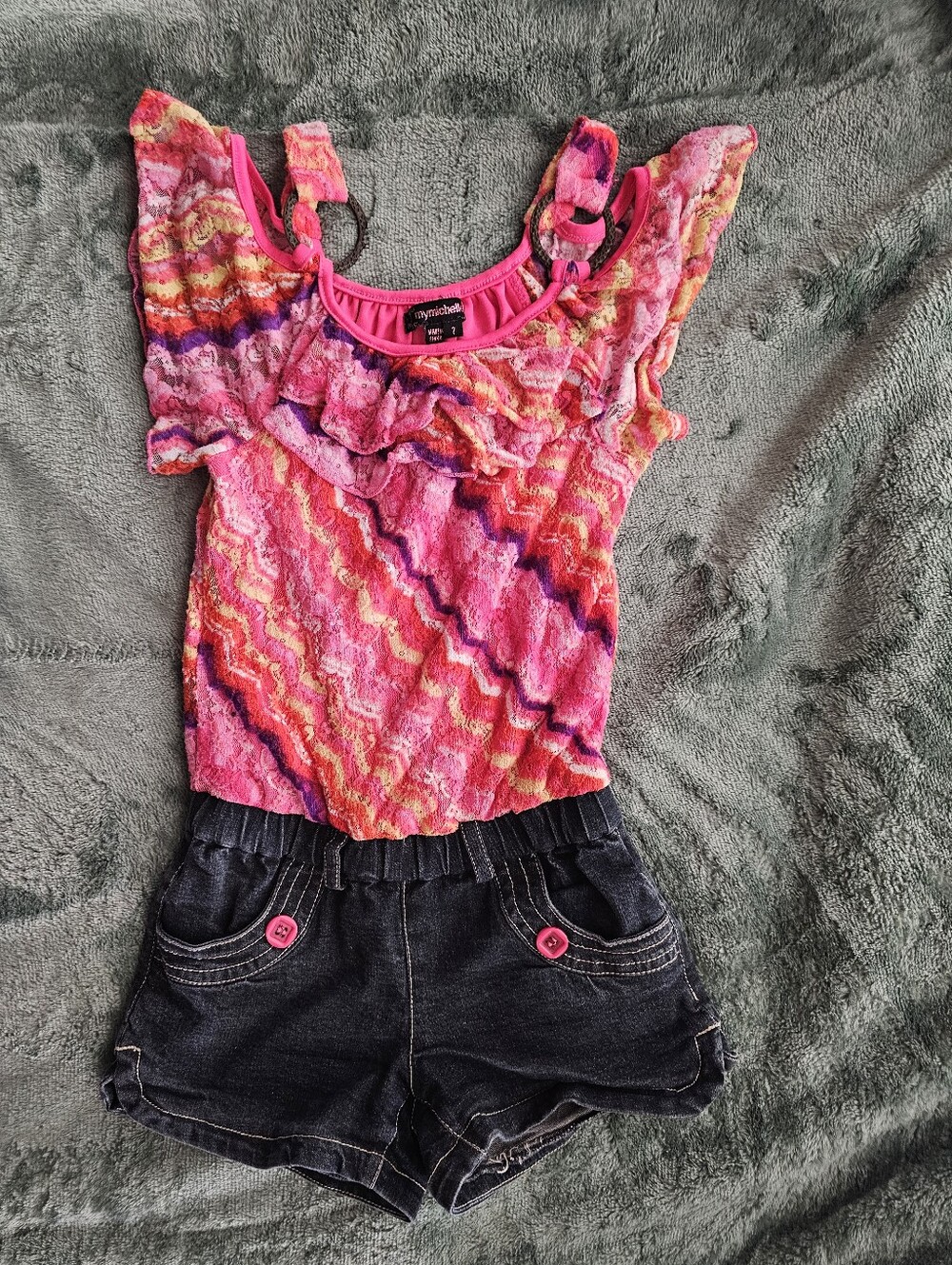 My Michelle Bright Pink Multicolor Ruffle Lace Denim Romper Suit Girls Size 7